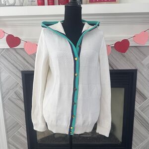 Tommy Hilfiger White Knit Hooded Cardigan with Turquoise Trim Button-Front‎ L/G